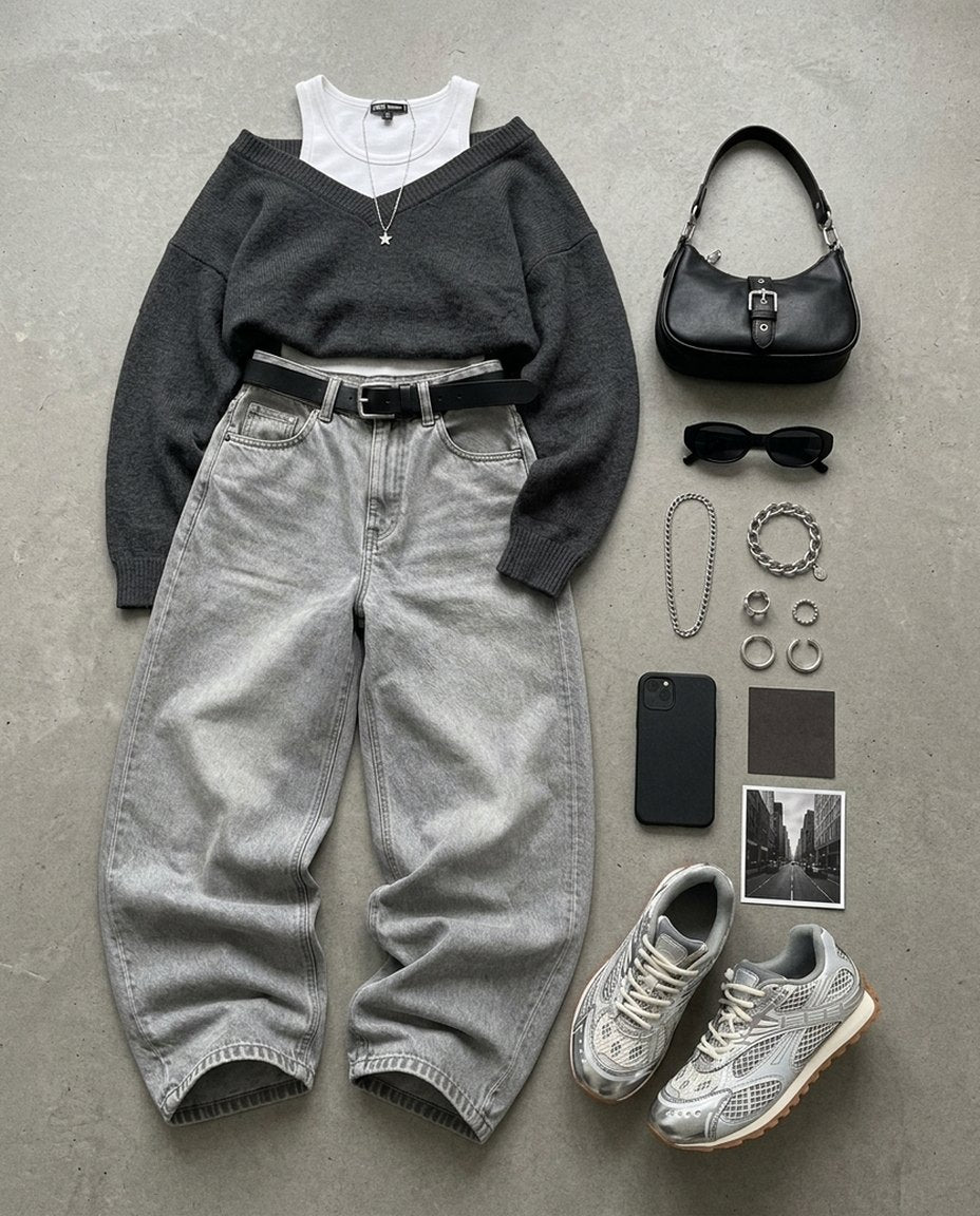 Grey baggy fit flat lay with silver PRX-01