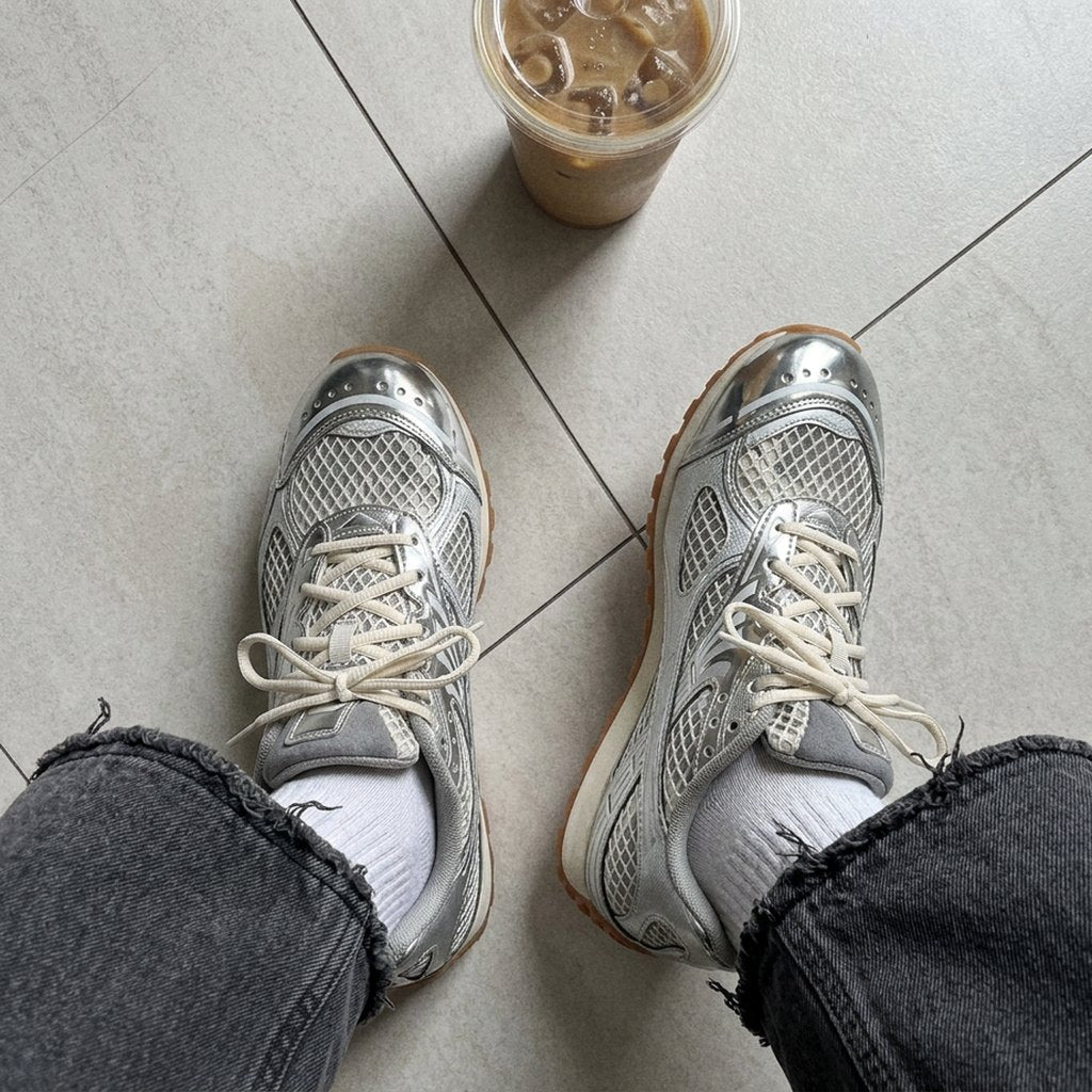 PRX-01 Chrome Runner in silver, looking down at feet on a tile floor